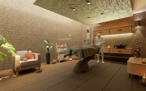 Ein Rendering, welches das Akustikprodukt Serenity, in einem Kosmetikstudio anhand Deckenelemente zeigt. 